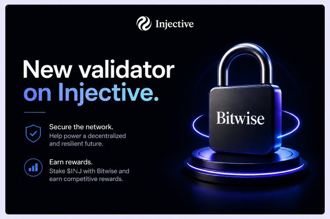 Promotional banner announcing "New validator on Injective" by Bitwise, encouraging users to secure the network and earn rewards by staking $INJ.