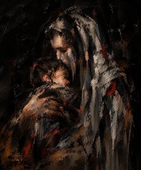 A dark, expressive oil painting depicts a sorrowful figure embracing a child, rendered with heavy, textured brushstrokes and dramatic red, white, and earth-toned accents.