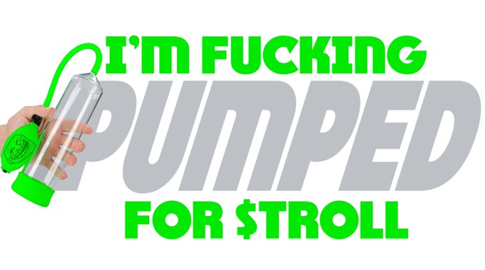 A graphic with bold text reading 'I'M FUCKING PUMPED FOR $TROLL' featuring a hand holding a small device with a green lanyard.