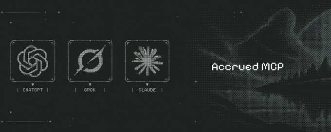 A dark graphic showing logos for ChatGPT, Grok, and Claude alongside the text 'Accrued MCP'.