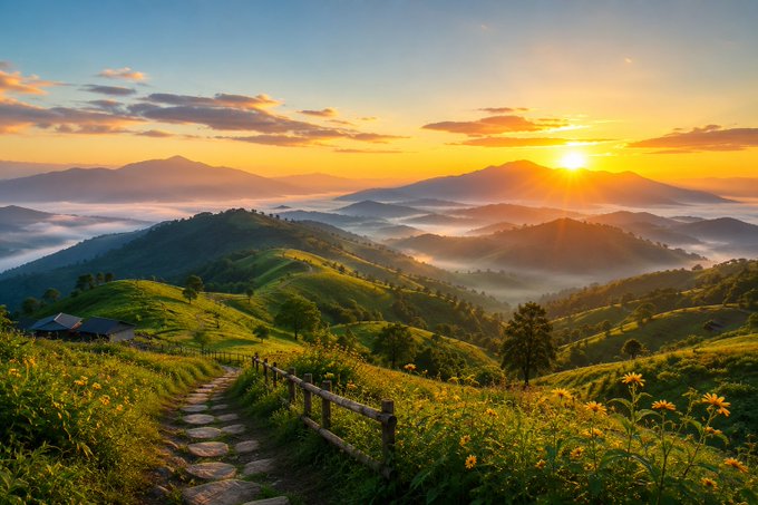 A serene mountain sunrise illuminates rolling green hills and a winding stone path through wildflowers, evoking the fresh optimism of "GM New day new opportunities Let's build." The dawn-lit landscape symbolizes new beginnings and forward momentum, perfectly complementing the post's rallying call to collaborate and create with @useTria, @RiverdotInc, and @quipnetwork.