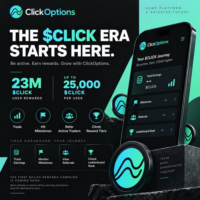 A ClickOptions promotional banner announces "THE $CLICK ERA STARTS HERE," highlighting 23M $CLICK user rewards and up to 25,000 $CLICK per user across trading, milestones, referrals, and reward tiers, with a mockup of the app dashboard showing total earnings, milestones, referrals, and leaderboard rank tracking—aligning with the post's tease of an early $CLICK rewards campaign launching in the first six months.