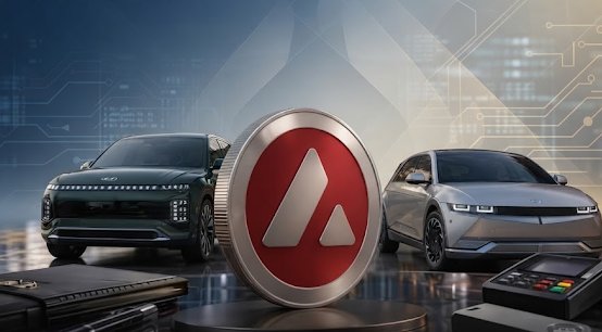 The image features two Hyundai vehicles (an SUV and a sedan) flanking a large Avalanche (AVAX) cryptocurrency token, visually representing Hyundai Card's consideration of the Avalanche blockchain to handle its cryptocurrency transactions and compliance needs in South Korea, the largest crypto market in East Asia.