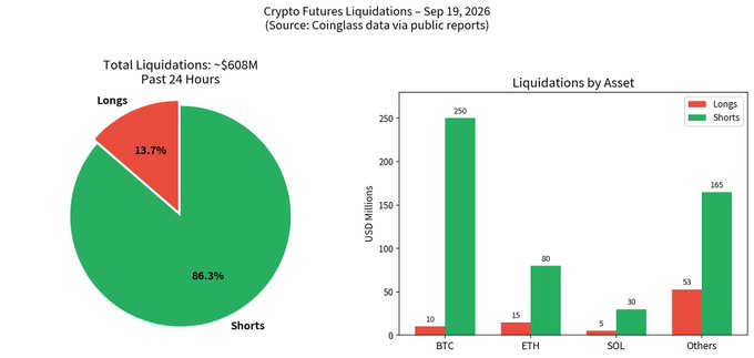 A pie chart and bar graph titled 'Crypto Futures Liquidations – Sep 19, 2026' showing ~$608M total, with shorts at 86.3% dominating across BTC ($250M), ETH ($80M), SOL ($30M), and Others ($165M).
