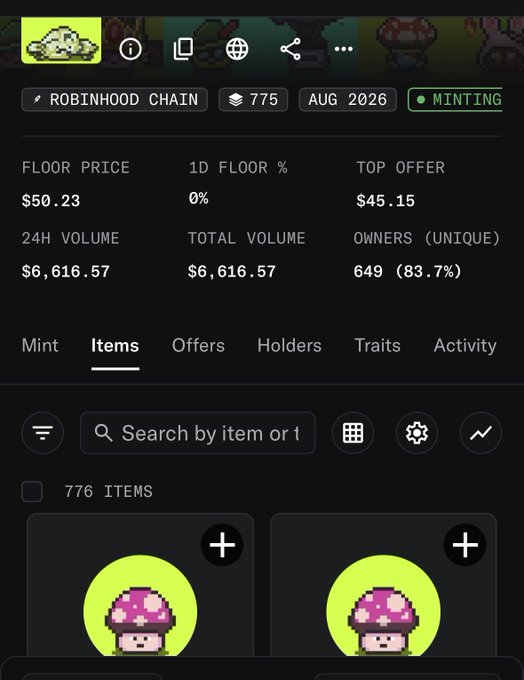 A Robinhood Chain NFT collection (775 items) minting page shows a floor price of $50.23 and top offer of $45.15, with the user celebrating having secured a free mint now valued at $62 despite the post referencing a slightly different personal valuation.