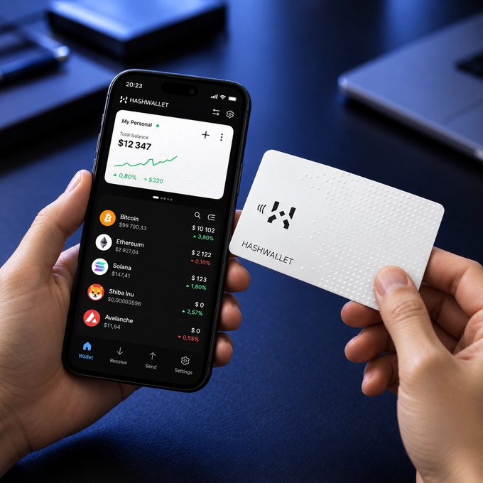 A promotional image showing a smartphone displaying the HashWallet app with a $12,347 total balance and various token prices, alongside a physical white HashWallet card.