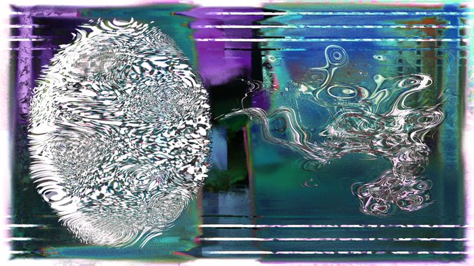 An abstract, distorted digital artwork with swirling, glitch-like patterns in white, purple, and blue tones.