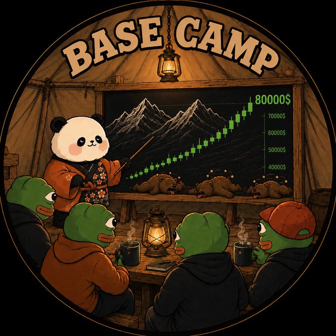 A cartoon illustration titled 'BASE CAMP' shows a panda dressed as a samurai presenting a green stock chart showing an upward trend to 80000$, while frog-like figures and a human watch from around a table with lanterns and coffee mugs.