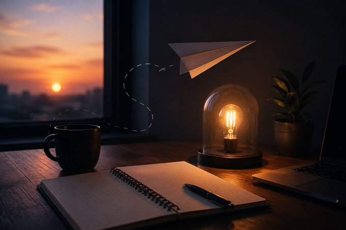 An atmospheric desktop scene at sunset with a coffee mug, notebook, pen, and an Edison-style light bulb under a glass cloche, accompanied by a paper airplane drawn as a digital sketch in mid-flight.
