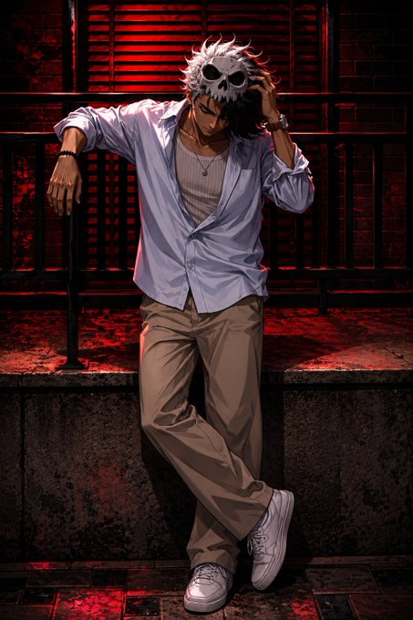An anime illustration of a character wearing a skull mask with white spiky hair, a light blue open shirt, beige pants, and white sneakers, leaning against a railing in a red-lit area.