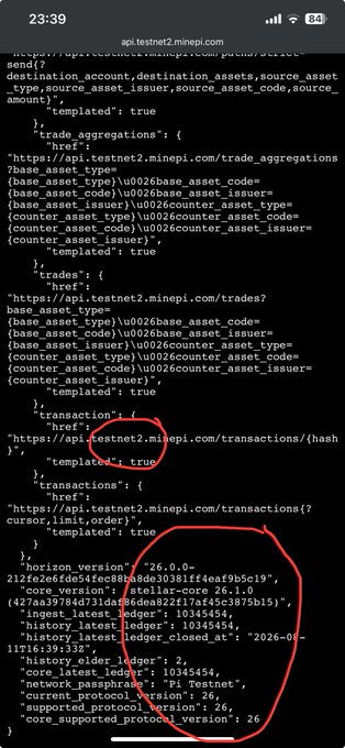 A mobile screenshot displays JSON-formatted API data from `api.testnet2.minepi.com`, showing endpoints for transactions, trades, and trade aggregations. The post relates to the image as it highlights the testnet's `core_version` of "26.0.0" and `supported_protocol_version` of 26, confirming that Pi Network's Testnet 2 has successfully completed its upgrade to Protocol Version 26.