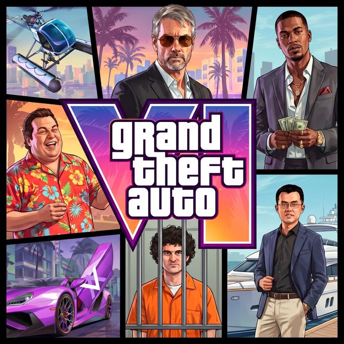 The image features a poster for the video game Grand Theft Auto V. It showcases six different men from various walks of life, including a man in an orange jumpsuit standing behind a bar, another man wearing sunglasses holding money, and a man with a mustache. The poster also includes a car and a helicopter, adding to the overall atmosphere of the game's setting. The post on this image reads: "CZ, Saylor, SBF, Ansem and Orangie on a GTA 6 poster".