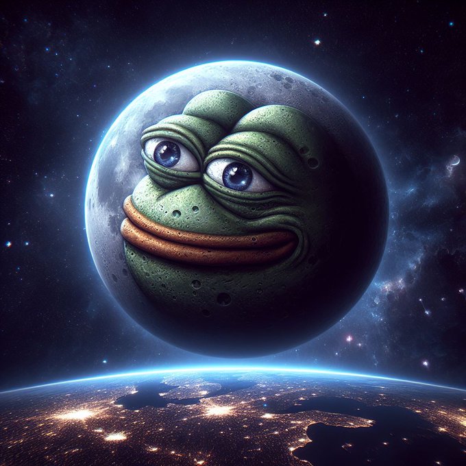 The image features the meme character Pepe the Frog humorously merged with the moon, gazing down at Earth from space. This visually reinforces the post's bullish sentiment about the $PEPE chart, evoking the popular crypto phrase "to the moon."