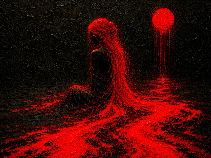A dark, textured painting depicting a faceless figure with flowing red hair sitting in a red pool beneath a dripping red orb.