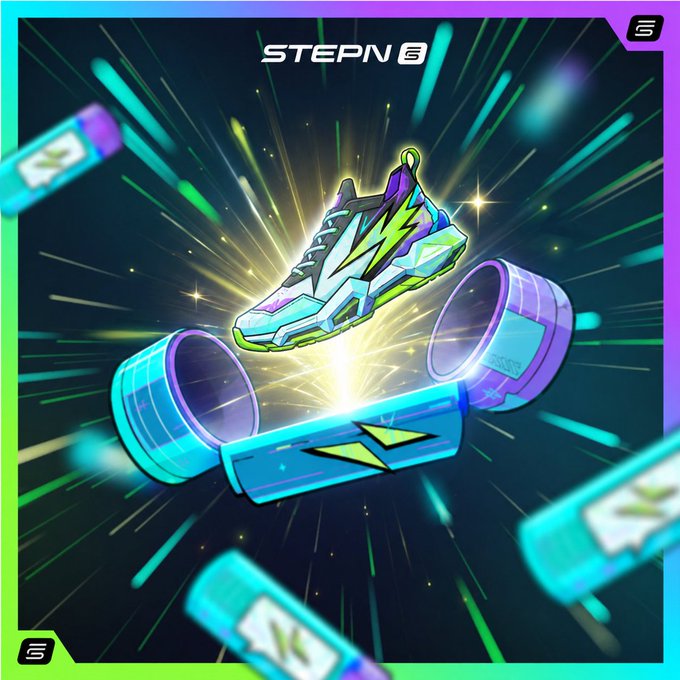 The image features a pair of sneakers with neon colors and a lightning bolt design, which are being advertised as "StepN" shoes. The sneakers are shown flying through space, surrounded by various objects such as bottles and other sneakers. The caption on the image reads "500 challenges", indicating that only the first 500 people who purchase the shoes will receive them as a gift pack.