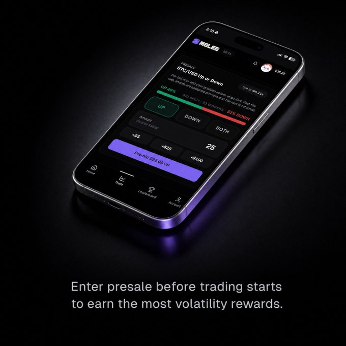 A sleek smartphone displays the Melee trading app's BTC/USD presale interface, prominently featuring the "BOTH," "UP," and "DOWN" prediction buttons alongside volatility metrics showing "BID VAULT 93 BIDDERS" and "31% DOWN." The marketing caption "Enter presale before trading starts to earn the most volatility rewards" directly ties to the post's joke about the BOTH button, which allows traders to hedge by betting on both directions to recoup losses through volatility rewards.