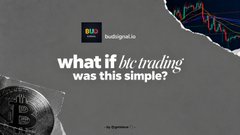 The image features a Bitcoin coin on the left and a small trading chart in the top right corner, with the bold central text "what if btc trading was this simple?" displayed above the @budsignal_io branding. The graphic visually reinforces the post's message about simplifying Bitcoin trading decisions into clear long, short, or wait signals.