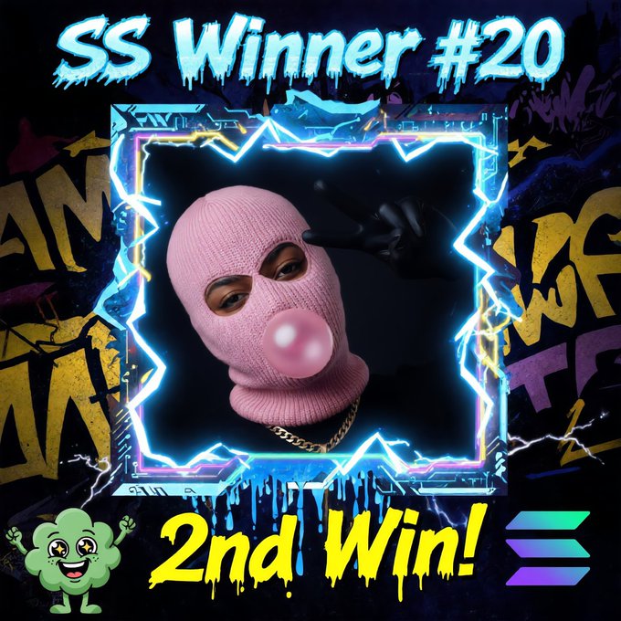 The image features a person wearing a pink mask, holding a giant bubble gum bubble, with the text "SS Winner #20" above them. The background of the image has neon lights and graffiti art, creating an urban atmosphere. The caption below the image reads "SMURF SPOTLIGHT V2 WINNER! Day 20 !!! 2nd Win!" which suggests that the person wearing the mask is the winner of a contest or challenge on this particular day.