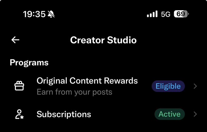 A screenshot of a 'Creator Studio' app interface showing 'Original Content Rewards' as Eligible and 'Subscriptions' as Active.