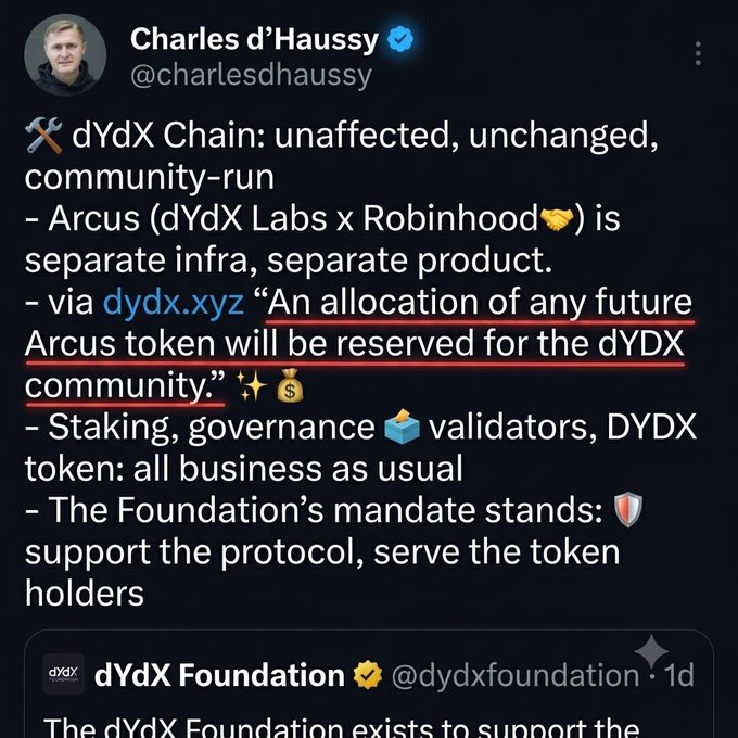 A tweet from Charles d'Haussy (@charlesdhaussy) discussing dYdX Chain remaining unaffected, noting Arcus is a separate dYdX Labs x Robinhood product, with an underlined statement that future Arcus token allocations will be reserved for the dYdX community.