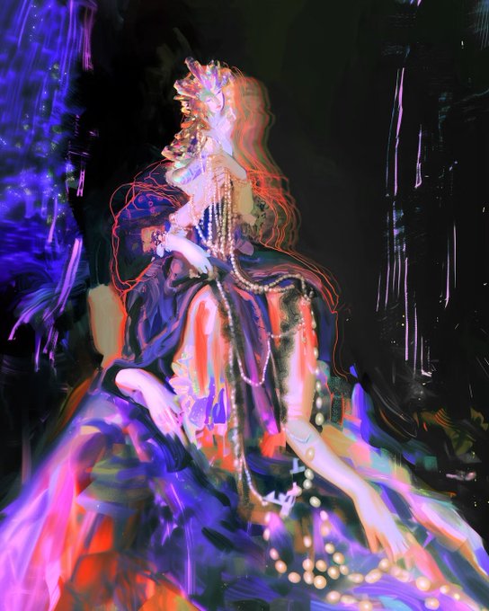 A glitchy, abstract digital artwork showing a figure in a dress with flowing red hair, draped in pearls, rendered in vibrant purple, pink, and blue streaks against a dark background.