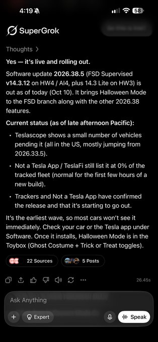 A screenshot of the SuperGrok AI app shows a response about a Tesla software update (2026.38.5) rolling out, including FSD Supervised v14.3.12 on HW4 and 'Halloween Mode' features.