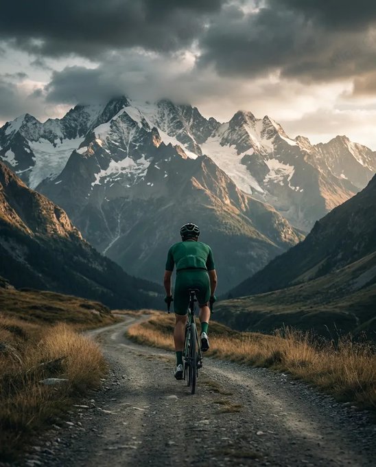 A cyclist in green gear rides up a rugged mountain road beneath dramatic, cloud-filled skies and snow-capped peaks. The image visually echoes the post's spirit of solo adventure, though no "KuCoin" text or branding is actually visible on the rider's equipment.