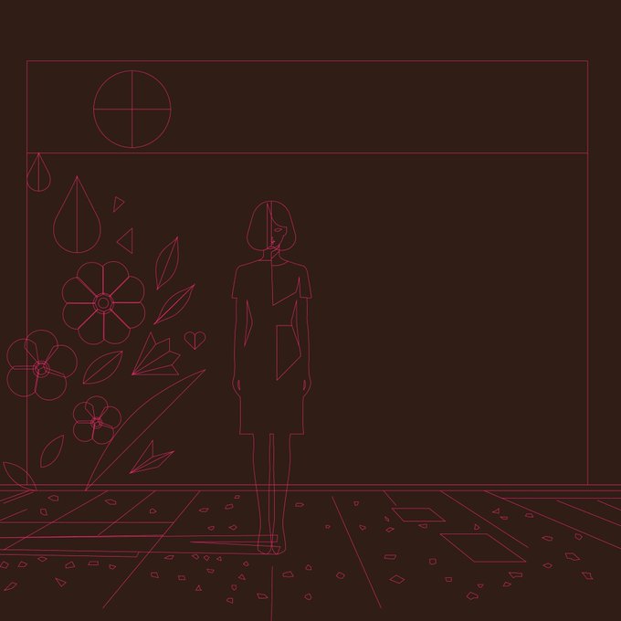 Minimalist red line art on a black background depicting a young woman standing in a doorway, with stylized flowers on the left and geometric flower petals scattered across the floor.
