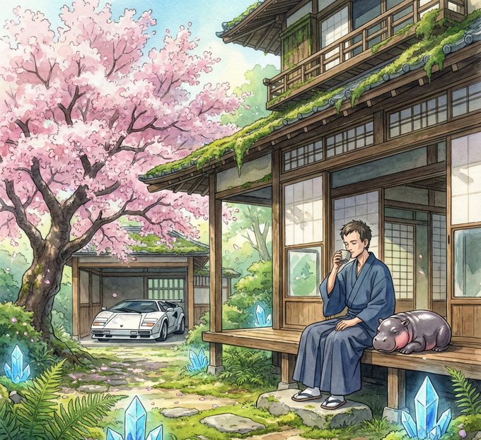 An anime-style illustration depicts a man in a blue yukata sitting on the wooden porch of a traditional Japanese house, drinking from a cup beside a sleeping hippo, with cherry blossoms in bloom and a white sports car parked nearby.
