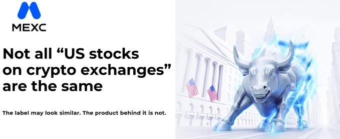 The image features a bull statue with horns, standing next to a building. The text "Not all 'US stocks on crypto exchanges' are the same" is written above the image.