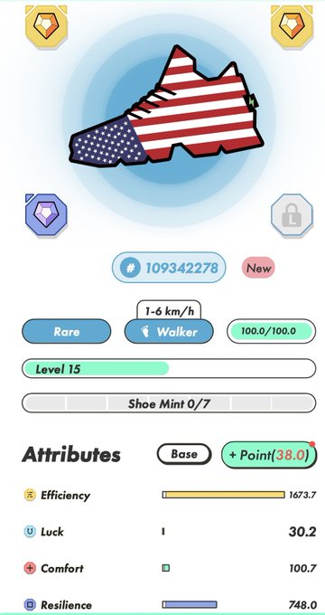 The image shows a phone screen displaying an American flag shoe design, along with other information about the shoe's attributes such as base, efficiency, comfort, and points. The post also mentions that the shoe has a "shoe-min" quality of 7.0/7.0.