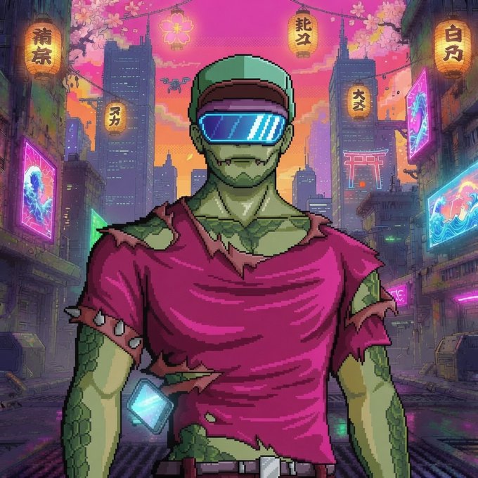 Pixel art of a green-skinned cyborg character wearing sunglasses, a backwards cap, and a torn magenta shirt, standing in a vibrant cyberpunk Tokyo-style street with neon signs and lanterns.