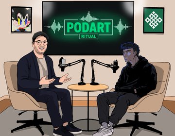 The image depicts an illustrated podcast studio scene for "PODART" on "gRitual," featuring two stylized figures seated across from each other at a small table with microphones, while a neon green waveform and "PODART" logo glow on a screen behind them. Framed artwork and a symbol adorn the walls, reinforcing the artistic, conversational vibe of the Ritual podcast episode where host @joshsimenhoff discusses "PODCAST ART" with guests.