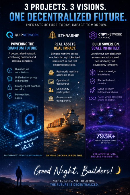 A promotional graphic titled "3 PROJECTS. 3 VISIONS. ONE DECENTRALIZED FUTURE." featuring QUIP NETWORK (quantum computing), ETHRASHIP (maritime real assets on-chain), and CNPY NETWORK/CANOPY (sovereign blockchain chains), ending with "Good Night, Builders! Keep Building, Keep Believing. The Future is Decentralized."
