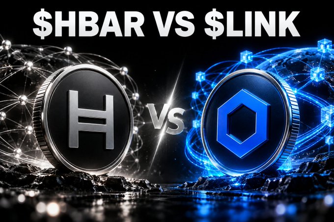 A promotional banner reading '$HBAR VS $LINK' comparing two cryptocurrency coins, featuring a metallic Hedera (HBAR) coin on the left and a blue Chainlink (LINK) coin on the right against a digital network background.