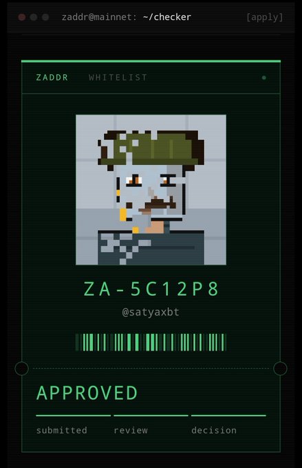 A pixelated portrait displays an "APPROVED" status on a terminal-style application called "ZADDR WHITELIST," featuring the username "@satyaxbt" and ID "ZA-5C12P8." This relates to the post as it shows the user successfully receiving approval on a whitelist, allowing them the privilege to nominate another person who needs access.