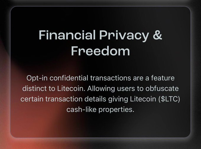 An informational slide titled "Financial Privacy & Freedom" explaining that opt-in confidential transactions are a feature distinct to Litecoin, allowing users to obfuscate transaction details for cash-like properties.
