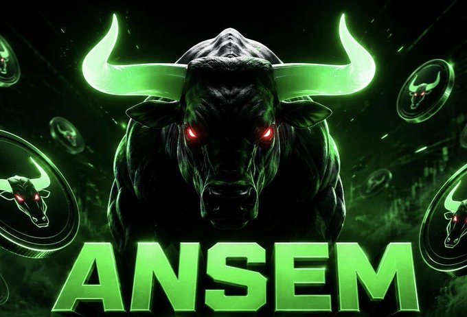 A digital illustration of a menacing bull with glowing red eyes and green horns, surrounded by floating tokens featuring the same bull logo, with the name 'ANSEM' displayed prominently in large green letters.