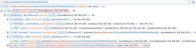 The image shows a transaction trace on Etherscan with calldata calls to Moonwell contracts involving cBTC.b and mcbBTC, including a "Borrow" event that resulted in approximately 2,213,083 cBTC.b borrowed against 1,433,812,576 borrowAmount, which illustrates the oracle manipulation attack on Moonwell's $MAMO collateral that drained ~$8M from the protocol.