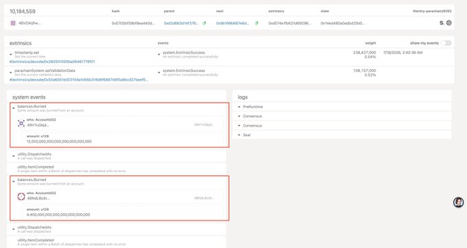 A blockchain explorer webpage shows a wallet transaction with two 'balances.Burned' system events highlighted in red boxes, one for approximately 4,455,000,000,000,000,000,000,000 tokens.