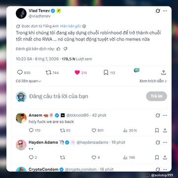 The image shows a tweet from Vlad Tenev (@vladtenev) dated August 7, 2026, discussing Robinhood's new chain for tokenized assets, with 830 retweets, 744 quotes, and 2K likes. The accompanying post highlights that Robinhood's CEO called the platform "great for memes," referencing hyped tokens like $CASHCAT (10x), $HOODRAT (6x), and $HOOD (3x) as money-making opportunities.