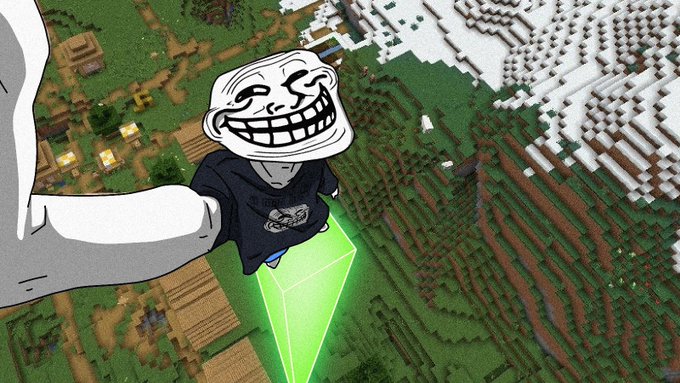 A Trollface meme character wearing a dark hoodie rides a glowing green emerald block above a Minecraft landscape, promoting the $troll cryptocurrency token as a "free money" investment opportunity ahead of a bull market. The image humorously combines the classic Trollface with Minecraft's iconic emerald to suggest the $troll token is an undervalued, treasure-like asset.