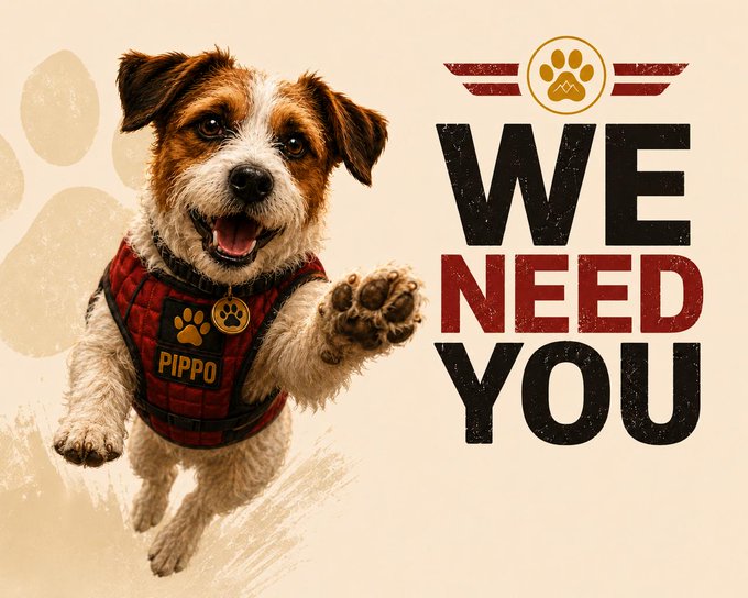 A poster-style image features a happy Jack Russell Terrier wearing a red plaid harness labeled "PIPPO," extending its paw toward the viewer alongside the text "WE NEED YOU" and a winged paw logo.