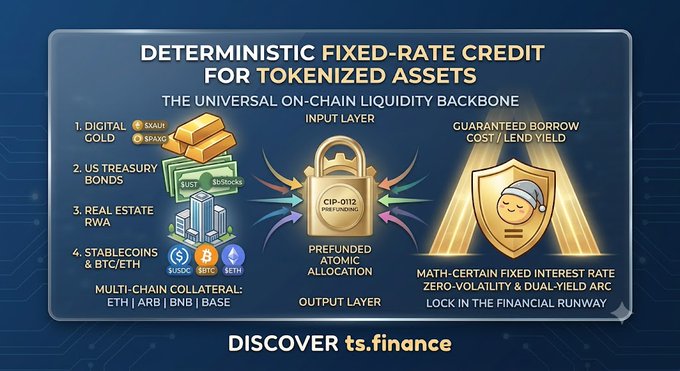 An infographic titled 'DETERMINISTIC FIXED-RATE CREDIT FOR TOKENIZED ASSETS' promoting ts.finance, featuring digital gold, US treasury bonds, real estate RWA, stablecoins, and BTC/ETH collateral on multi-chain collateral.