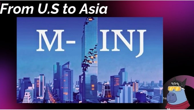 The image features a cartoon character wearing a helmet with the text "From US to Asia" written above them. Below this, there's an image of a city skyline with buildings of various sizes and colors. The caption reads "From US to Asia another big milestone for @injective ecosystem".