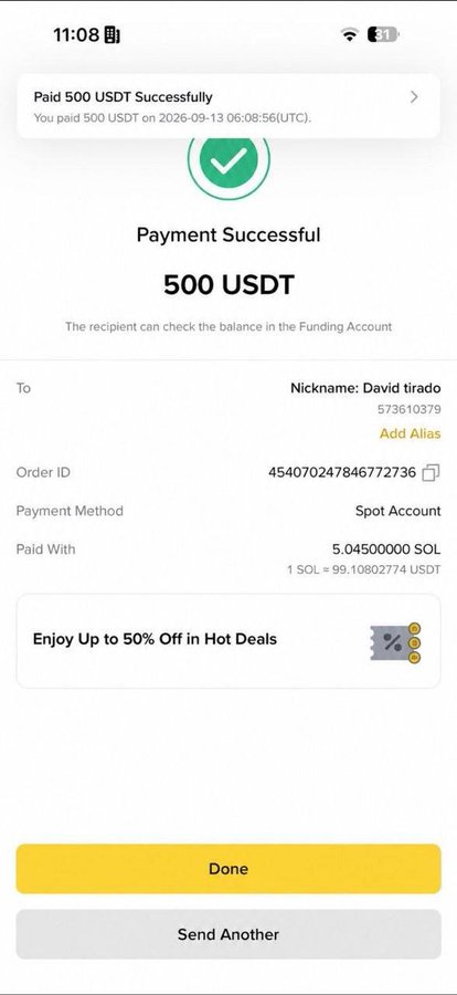 A mobile screenshot showing a successful payment of 500 USDT (paid with 5.045 SOL) to nickname "David tirado" (UID 573610379), serving as proof of the $500 sent as part of the giveaway mentioned in the post.