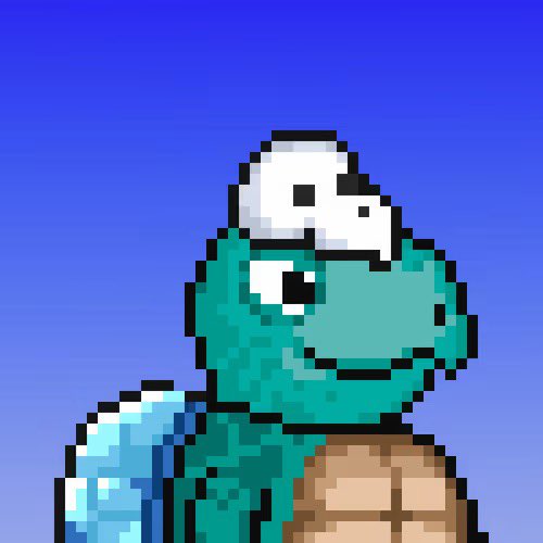A pixel art illustration of a teal-colored turtle character with a white skull-like mask on its head, set against a blue gradient background.