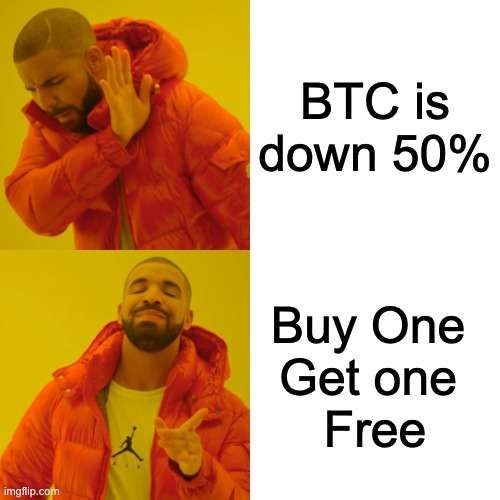 A Drake meme format where he rejects 'BTC is down 50%' but approves 'Buy One Get one Free' (BOGO).