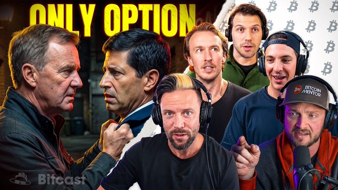 A YouTube thumbnail titled "ONLY OPTION" showing a composite of several men, including one in a "BITCOIN MENTOR" cap, with "Bitcast" branding at the bottom.