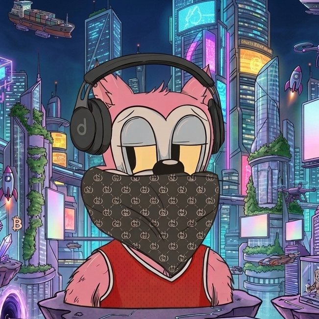 A cartoon illustration of a pink cat-like character wearing headphones, a black bandana with a monogram pattern, and a red basketball jersey, set against a futuristic cyberpunk cityscape.